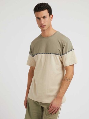 Logo Şeritli Erkek Tişört-Bej-Haki 