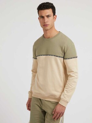 Renk Bloklu Erkek Sweatshirt-Bej-Haki 