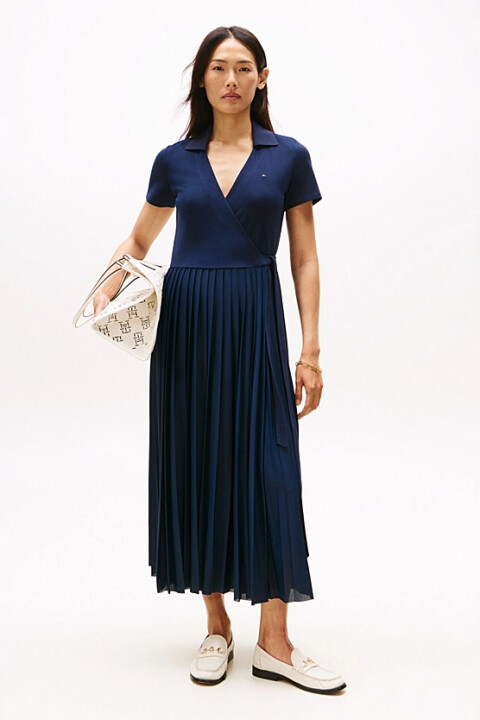 Kadın 1985 Midi Kruvaze Eteği Piliseli Polo Elbise - Lacivert 