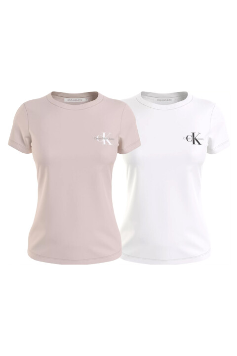 Kadın 2'Li Monologo Slım Tee T-Shirt-Pudra-Beyaz 