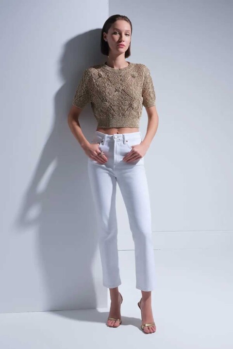 Kadın Ajurlu Bisiklet Yaka Gold Bluz - Altın 