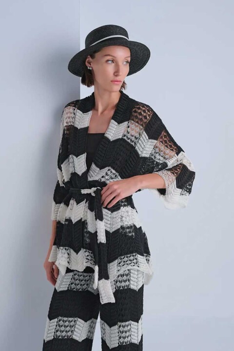 Kadın Ajurlu Kuşaklı Kimono Hırka - Mix 