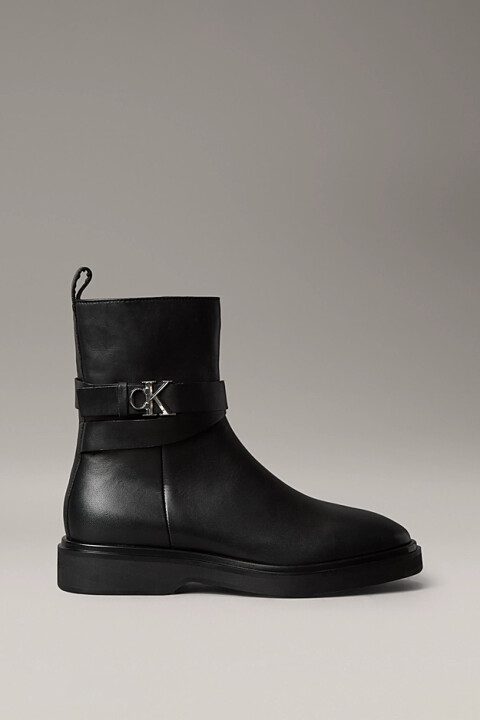 Kadın Ankle Deri Metal Monogram Tokalı Bot - Siyah 