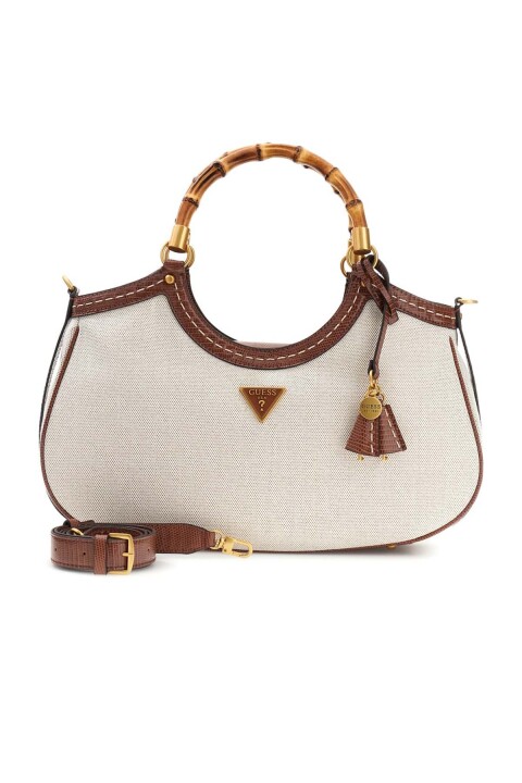 Kadın Bambu Saplı Kumaş Görünümlü Omuz Çantası - Bej 