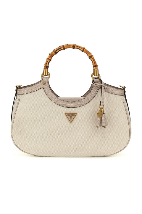 Kadın Bambu Saplı Kumaş Görünümlü Omuz Çantası - Bej 