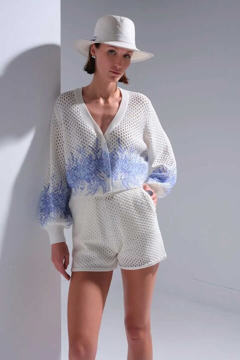 Kadın Baskı Detaylı Ajurlu Hırka - Ekru 