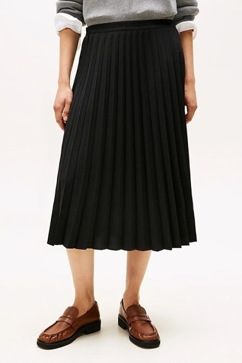Kadın Beli Lastikli Pliseli Midi Etek - Siyah 