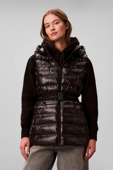 Kadın Belted Lightweight Kemerli Kapüşonlu Kolsuz Şişme Mont - Siyah 