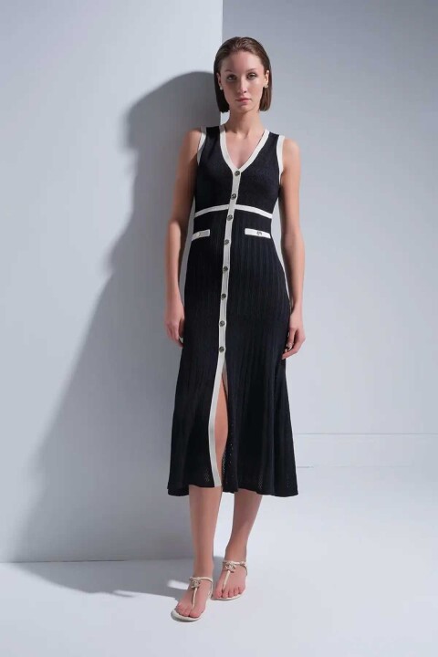 Kadın Beyaz Şerit Detaylı Midi Elbise - Siyah 