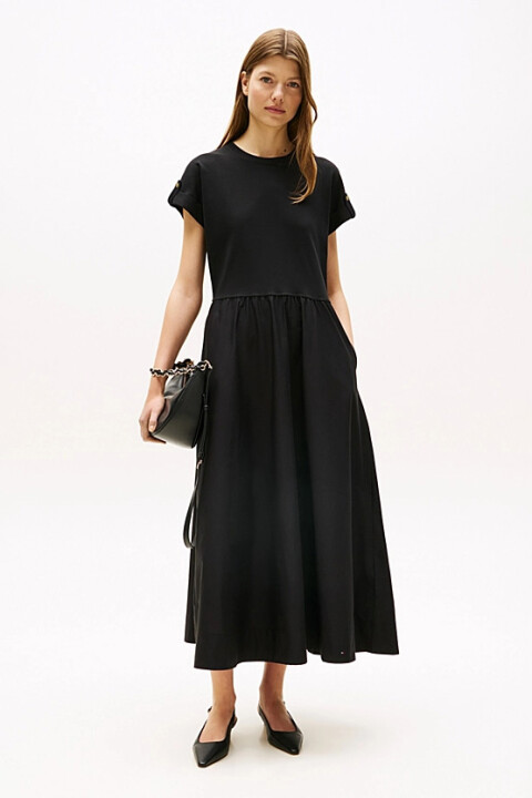 Kadın Bisiklet Yaka Kumaş Kombinli Midi Elbise - Siyah 