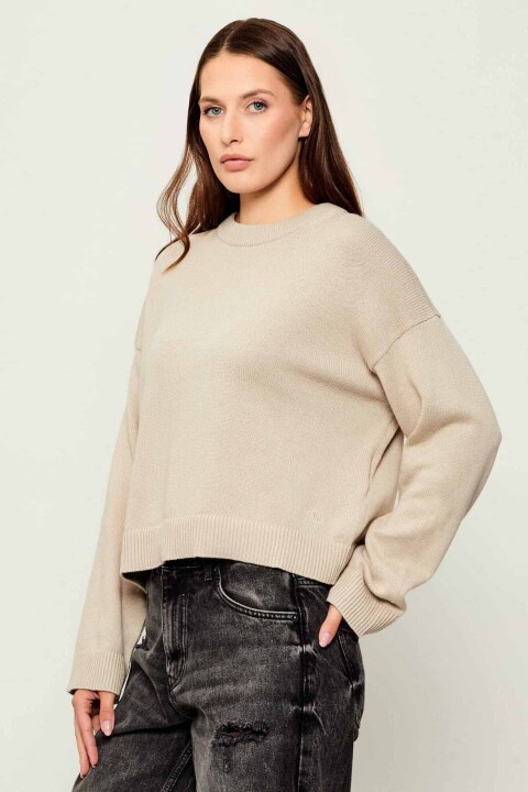 Kadın Bisiklet Yaka Regular Fit Kısa Kazak - Bej 