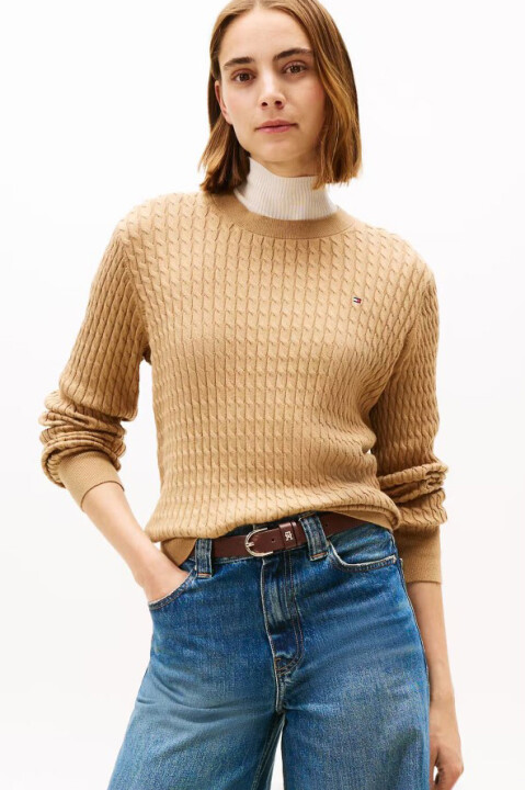 Kadın Bisiklet Yaka Saç Örgülü Pamuklu Triko Kazak - Camel 