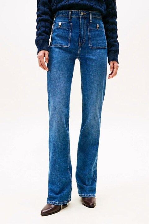 Kadın Bootcut Fit Yüksek Bel Düğmeli Yama Cepli Jean Pantolon - Mavi 