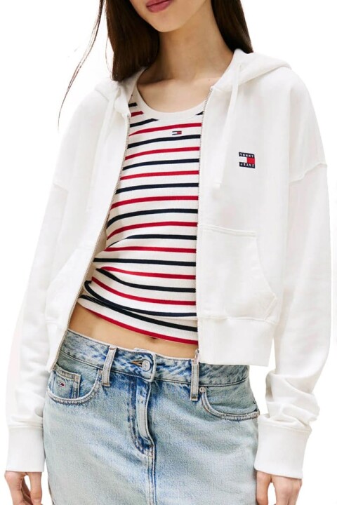 Kadın Boxy Fit Kapüşonlu Fermuarlı Cropped Sweatshirt - Ekru 