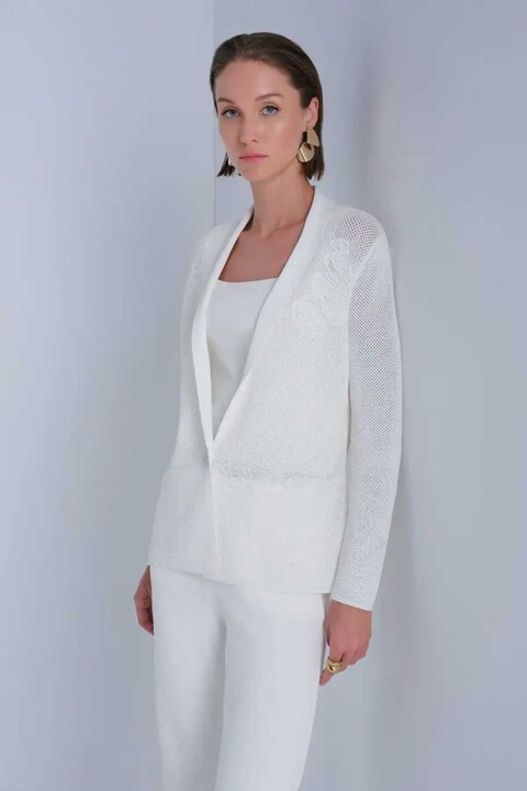 Kadın Cep Detaylı Tek Düğmeli Ajurlu Ceket - Ekru 