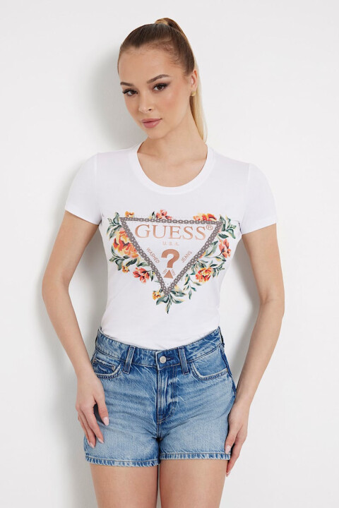 Kadın Çiçek Logolu Streç T-Shirt - Beyaz 