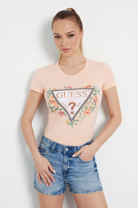 Kadın Çiçek Logolu Streç T-Shirt - Şeftali 