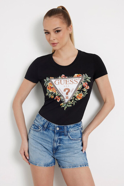 Kadın Çiçek Logolu Streç T-Shirt - Siyah 