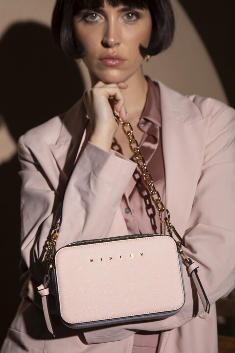 Kadın Çift Askılı Dokulu Kamera Çanta - Pembe/Mavi 