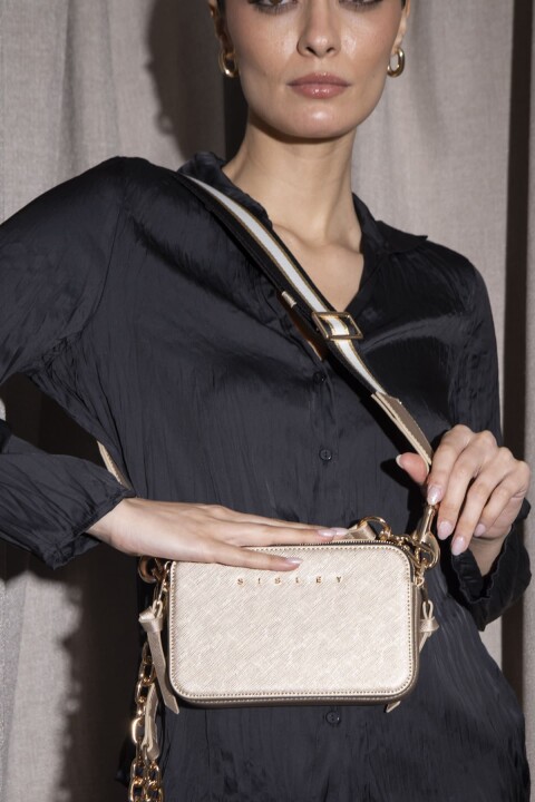 Kadın Çift Askılı Metalik Kamera Çanta - Gold 