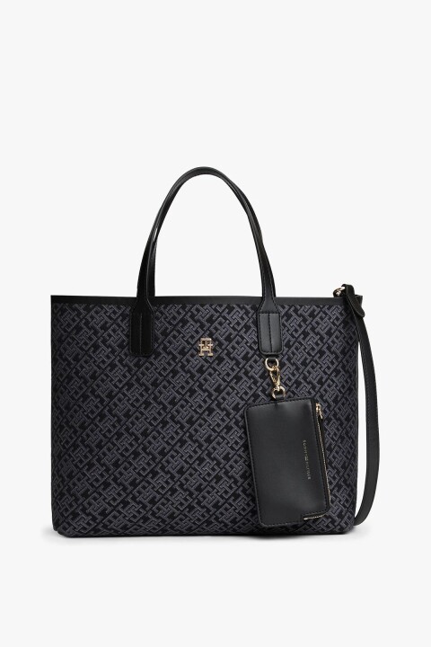 Kadın Çıkarılabilir Cüzdanlı Monogram Desenli El ve Omuz Çantası - Siyah 