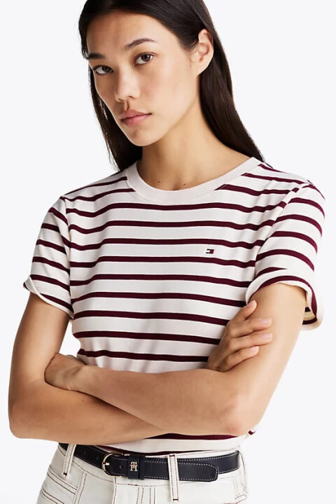 Kadın Çizgili Slim Fit T-Shirt - Beyaz 