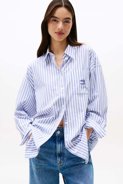 Kadın Çizgili Uzun Kollu Pamuklu Gömlek – Mavi Beyaz 