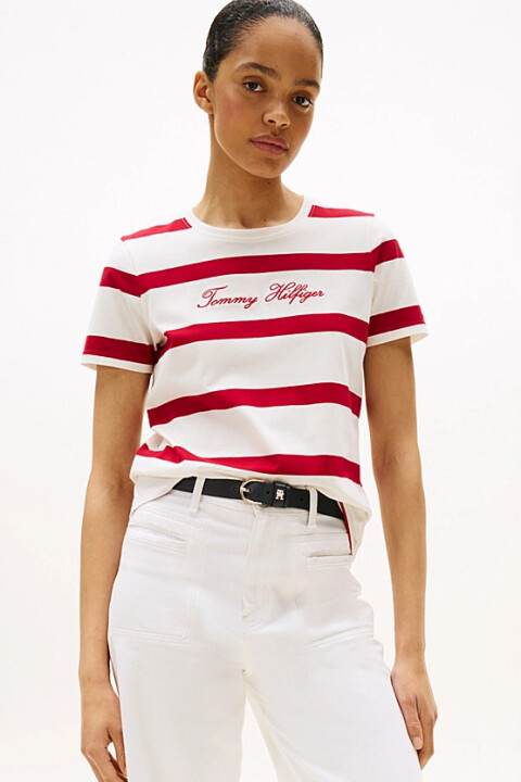 Kadın Çizgili ve Yazı Nakışlı T-Shirt - Beyaz/Kırmızı 