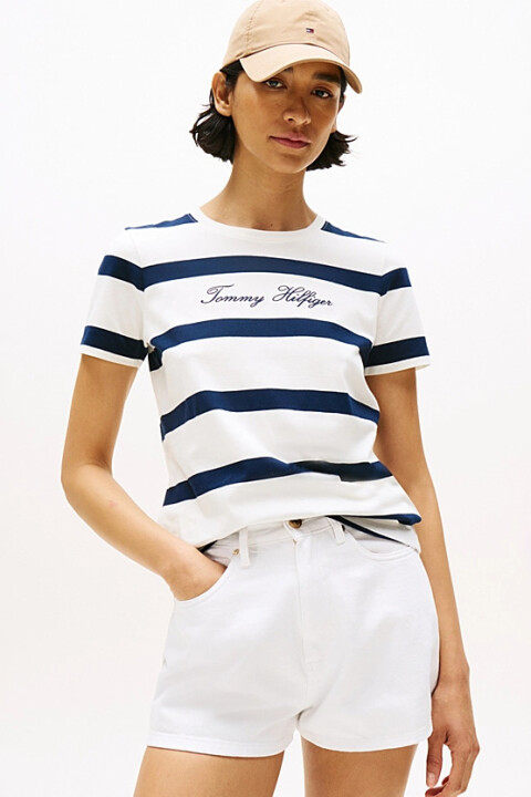 Kadın Çizgili ve Yazı Nakışlı T-Shirt - Beyaz/Lacivert 