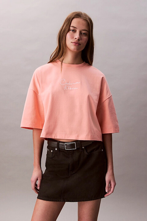 Kadın Cropped Boxy Fit Logolu T-Shirt - Mercan 