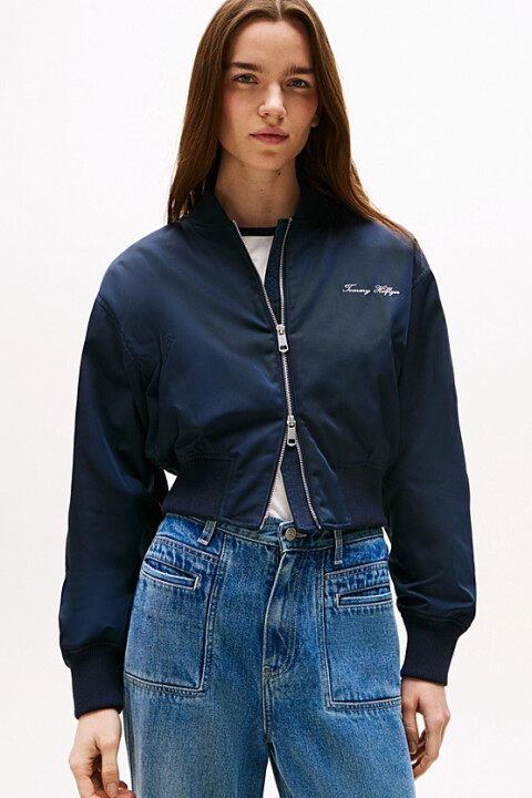 Kadın Cropped Fermuarlı Bomber Ceket - Lacivert 