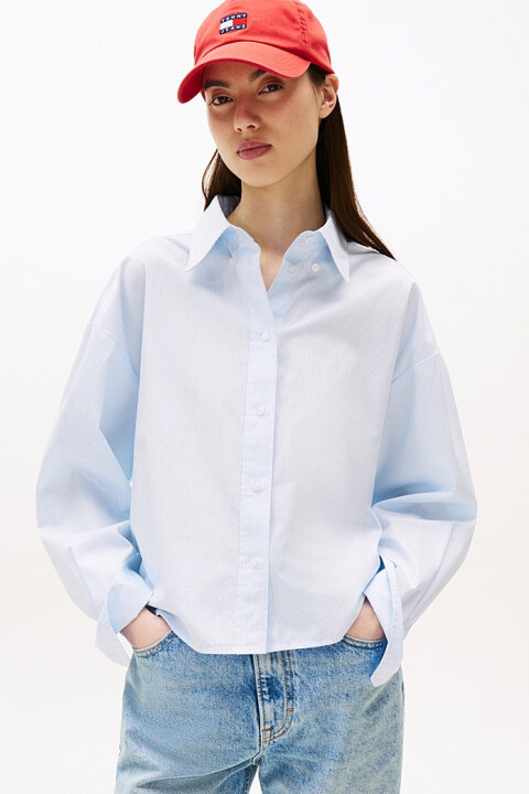 Kadın Cropped Kesim Çizgili Poplin Gömlek - Mavi 