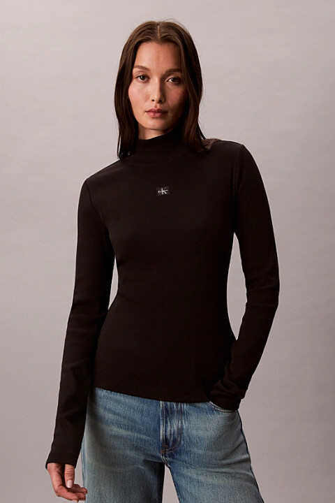 Kadın Dar Kalıp Balıkçı Yaka Uzun Kollu T-Shirt - Siyah 