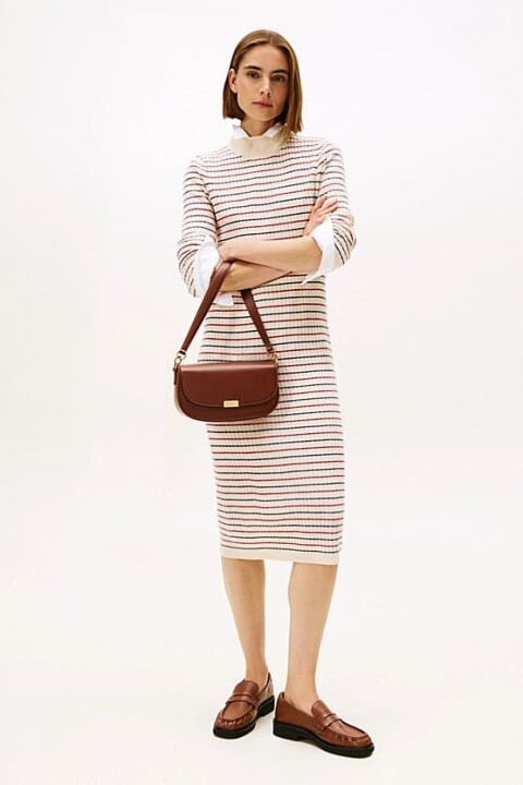 Kadın Dar Kalıp Çizgili Kaşmir Karışımlı Triko Elbise - Çok Renkli 