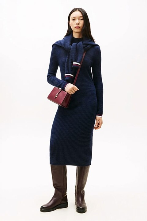 Kadın Dar Kalıp Saç Örgü Kaşmir Karışımlı Triko Elbise - Lacivert 
