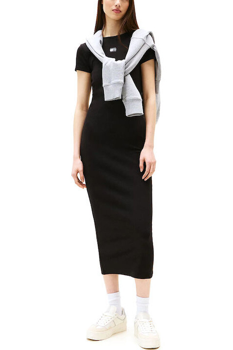 Kadın Dar Kesim Fitilli Midi Elbise - Siyah 