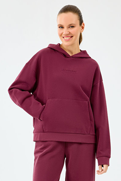 Kadın Essential Hoodie Kapüşonlu Kanguru Cepli Sweatshirt - Bordo 