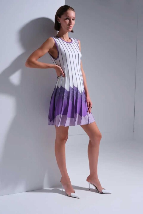 Kadın Etek Ucu Pileli Mini Elbise - Mor 