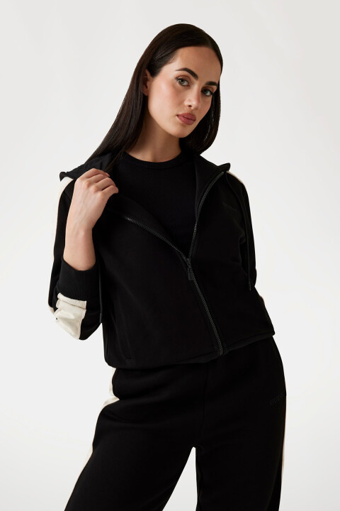 Kadın Fermuarlı Kapüşonlu Logolu Sweatshirt - Siyah 