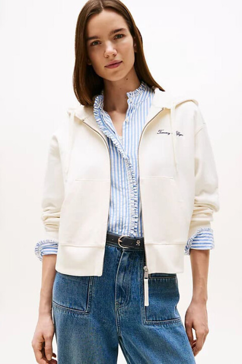 Kadın Fermuarlı Kapüşonlu Pike Sweatshirt - Krem 