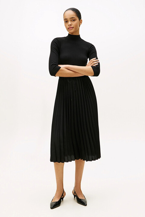 Kadın Fitilli Beli Büzgülü Eteği Piliseli Midi Elbise - Siyah 