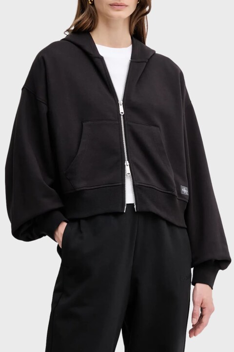 Kadın French Terry Fermuarlı Kapüşonlu Sweatshirt - Siyah 