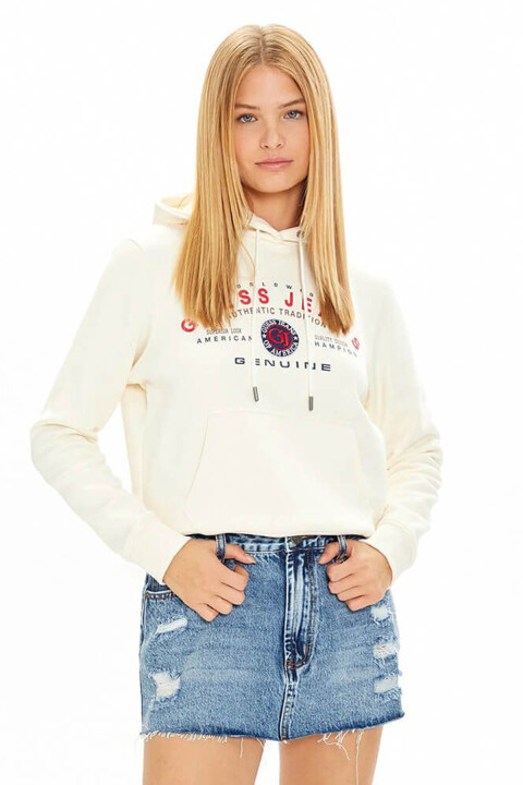 Kadın Gj Hood Reg Desenli Kapüşonlu Sweatshirt - Krem 