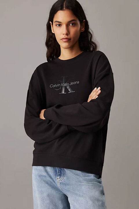 Kadın Glossy Monologo Regular Crewneck Sweatshirt - Siyah 