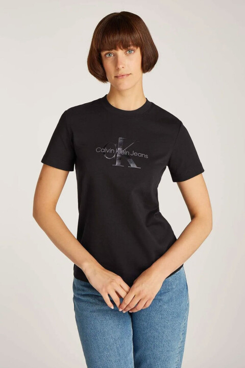 Kadın Glossy Monologo Regular T-Shirt - Siyah 