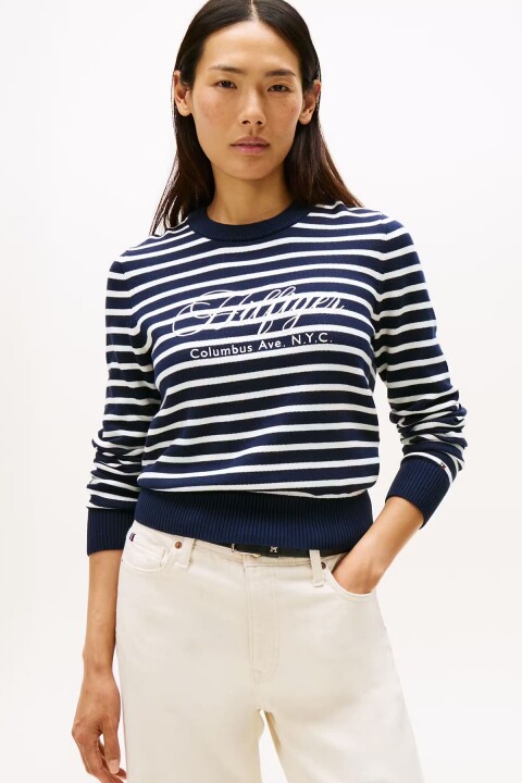 Kadın Göğsü Nakış Yazılı Çizgili Pamuklu Triko Kazak - Lacivert 