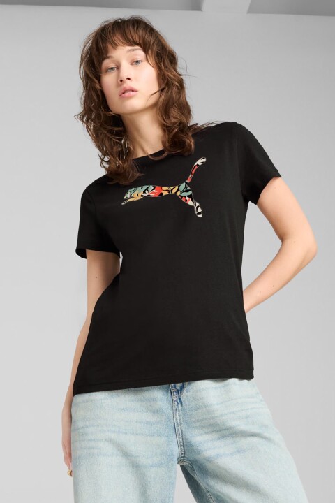 Kadın Graphics Floral Cat Logo T-Shirt - Siyah 