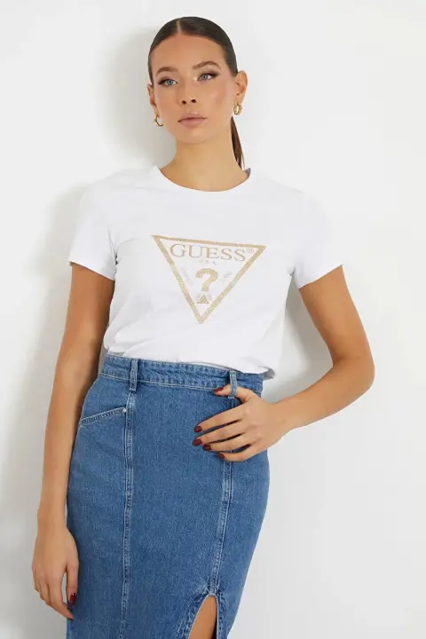 Kadın Guess Önde Üçgen Logolu T-Shirt - Beyaz 
