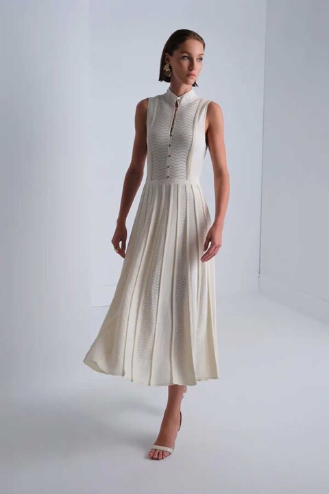 Kadın Hakim Yaka Gold Düğme Detaylı Midi Elbise - Ekru 