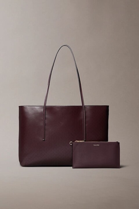 Kadın İç Çantalı Monogram Baskılı Tote Omuz Çanta - Bordo 
